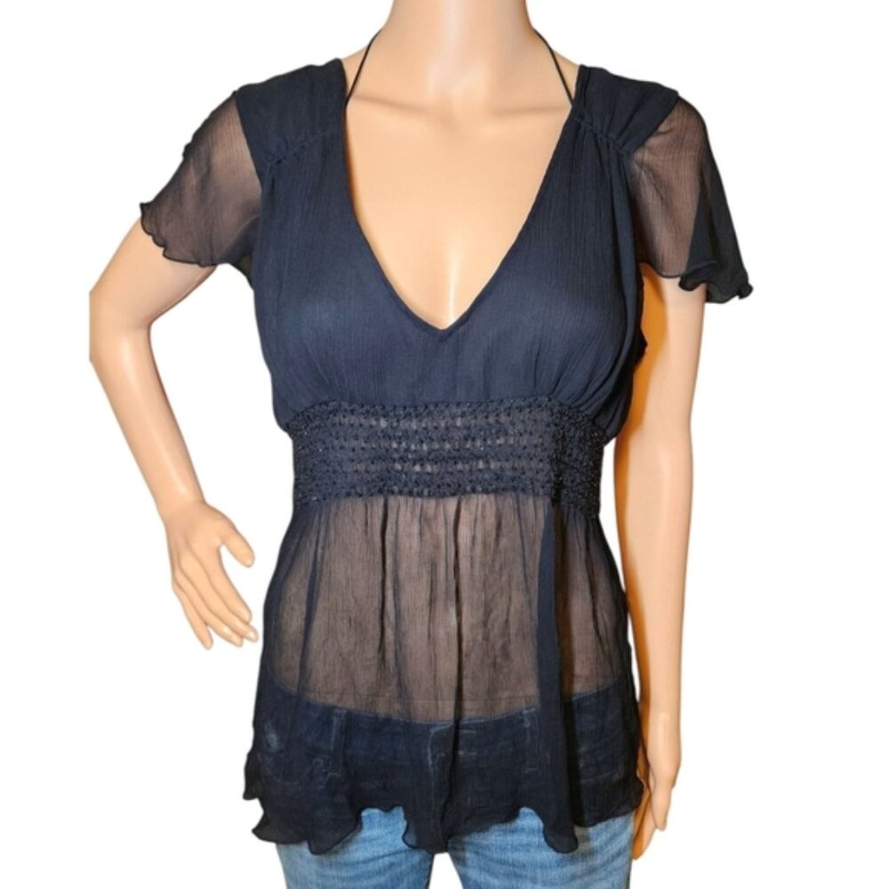 Womens Lg y2k EXPRESS Silk Blouse Flutter Sleeve Beaded Cinch Waist Babydoll 00s